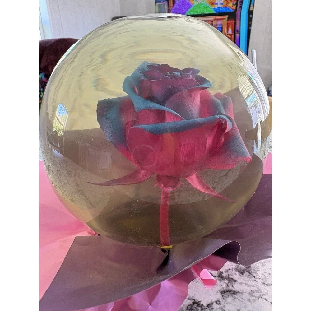 Forever ROSE Pink & Blue In Glass Ball Water Dome Globe Large Real Rose 6”